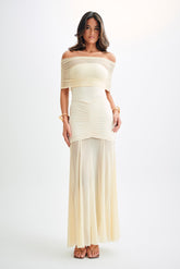 Caspian Slinky And Mesh Off Shoulder Maxi Dress