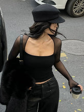 Square Neck Sheer Panel Crop T-Shirt