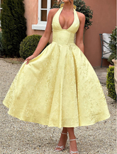 Elegant Lemon Yellow Jacquard Dress