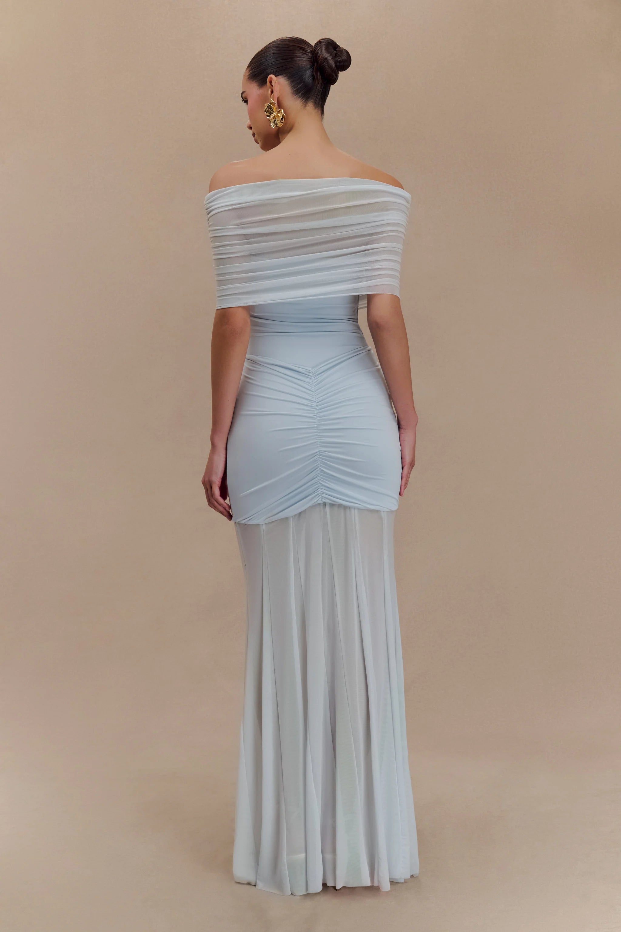 Caspian Slinky And Mesh Off Shoulder Maxi Dress