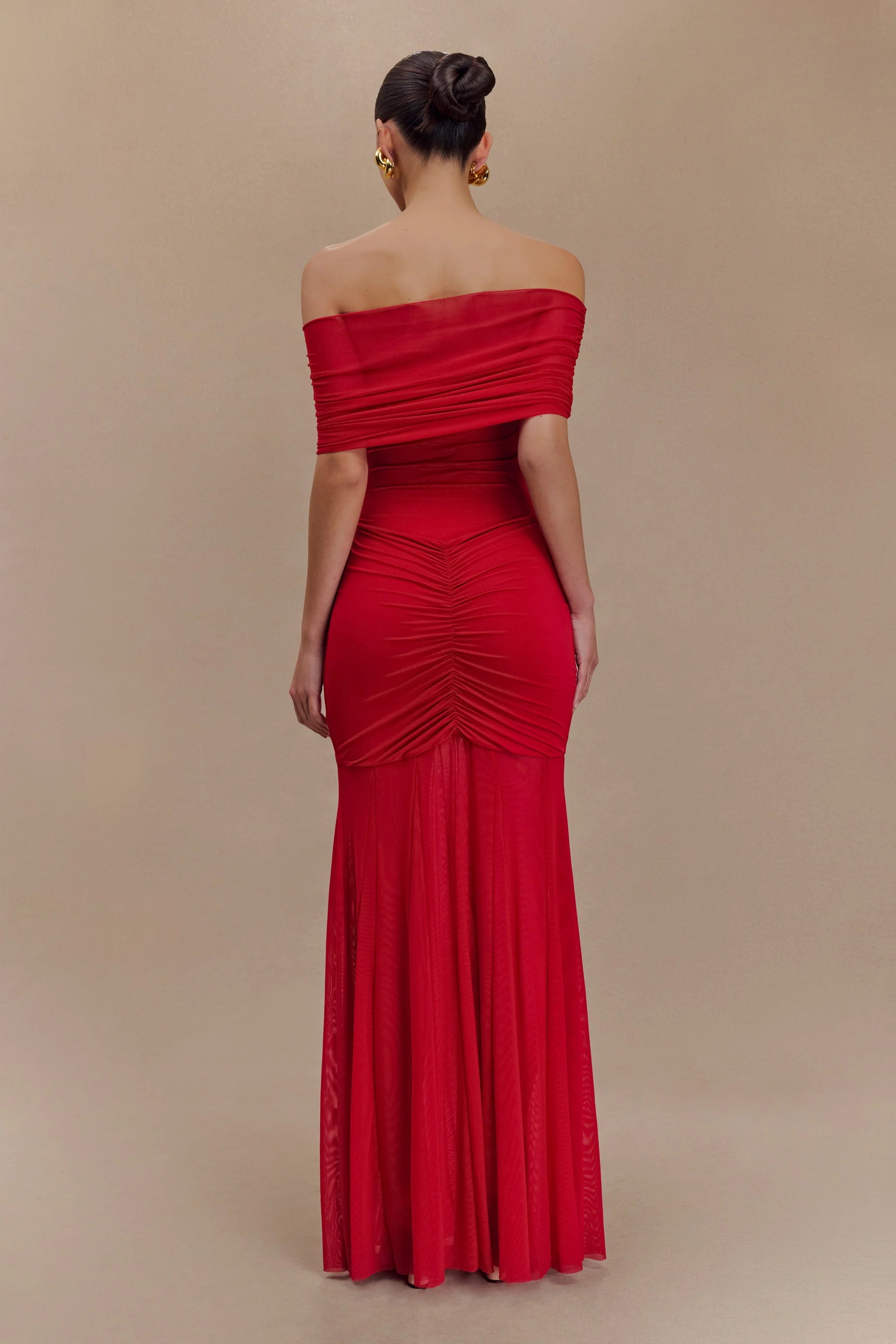 Caspian Slinky And Mesh Off Shoulder Maxi Dress