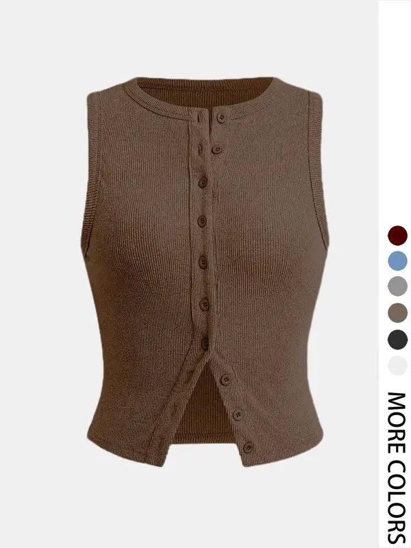 Plain Button Ribbed Crop Tank