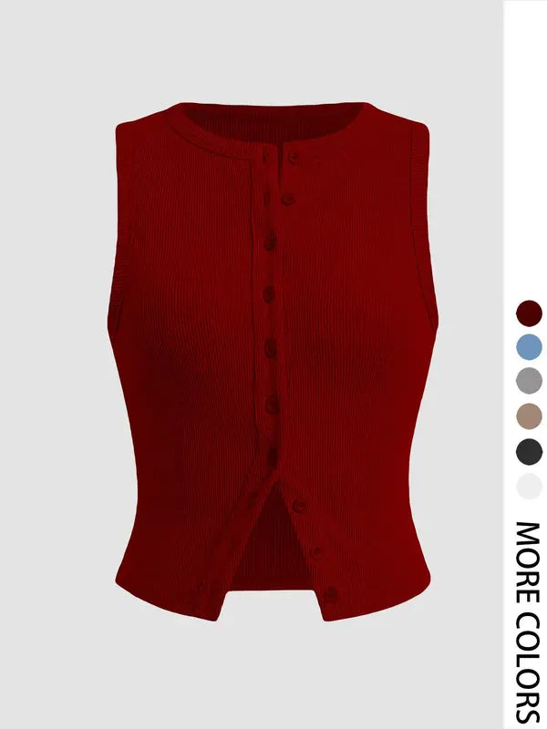 Plain Button Ribbed Crop Tank