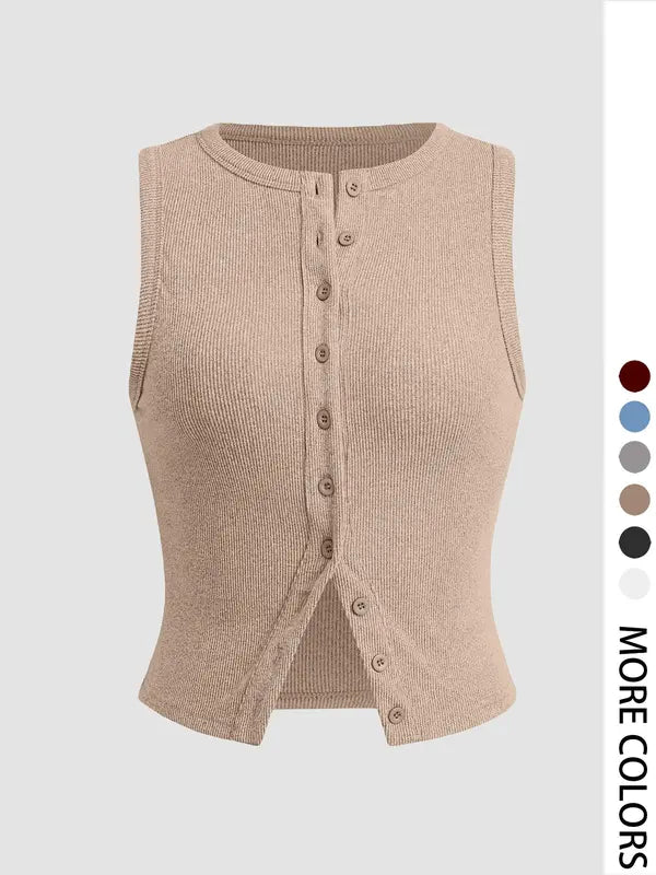 Plain Button Ribbed Crop Tank