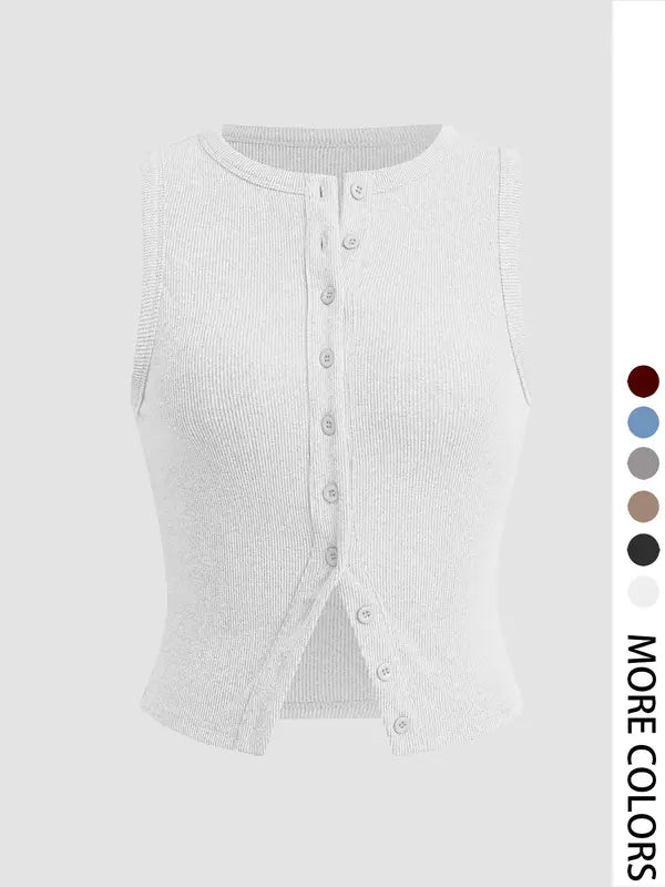 Plain Button Ribbed Crop Tank