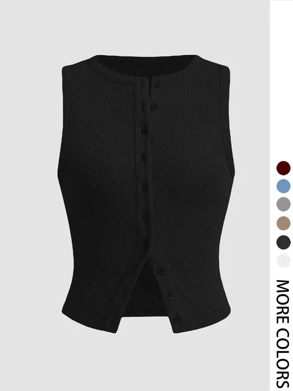 Plain Button Ribbed Crop Tank