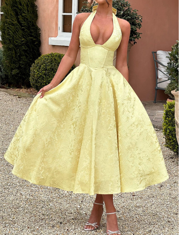Elegant Lemon Yellow Jacquard Dress