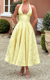 Elegant Lemon Yellow Jacquard Dress