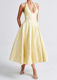 Elegant Lemon Yellow Jacquard Dress