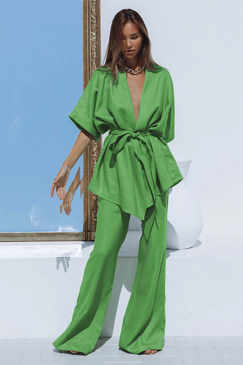 Oversized Linen Tied Two Piece Pants Set