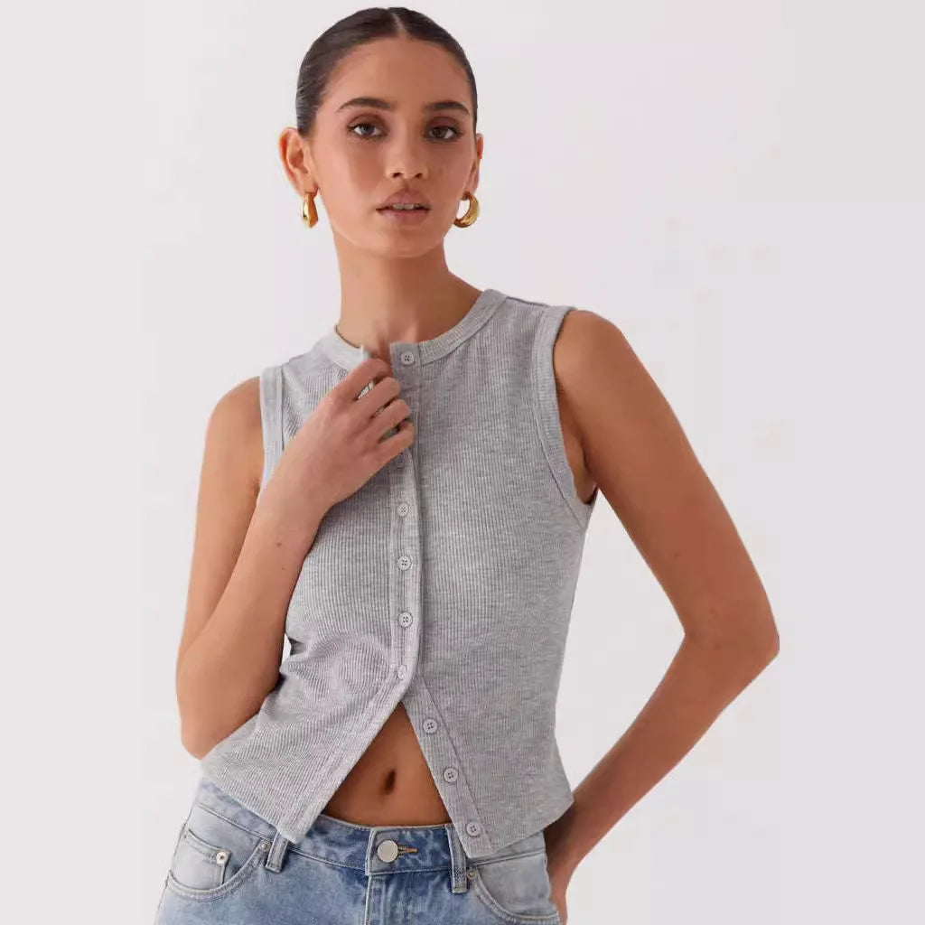 Plain Button Ribbed Crop Tank