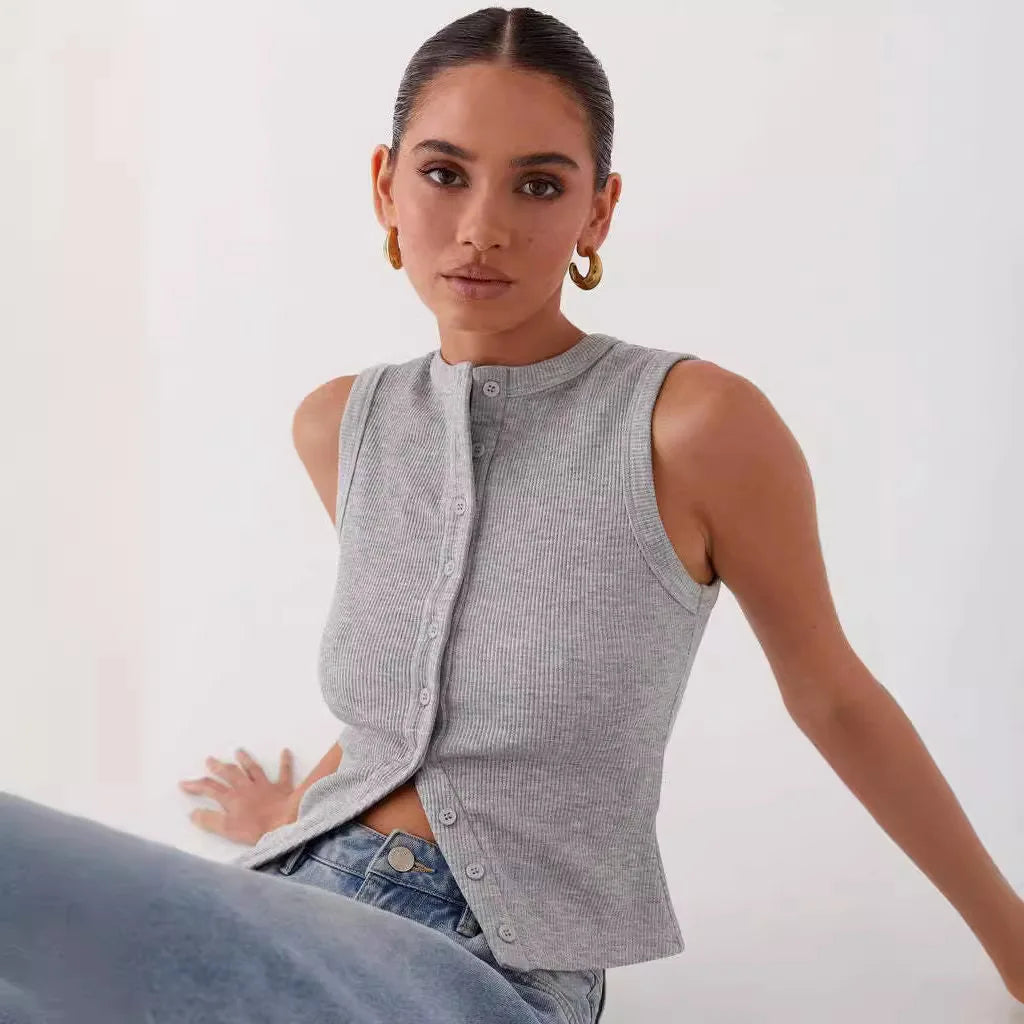 Plain Button Ribbed Crop Tank