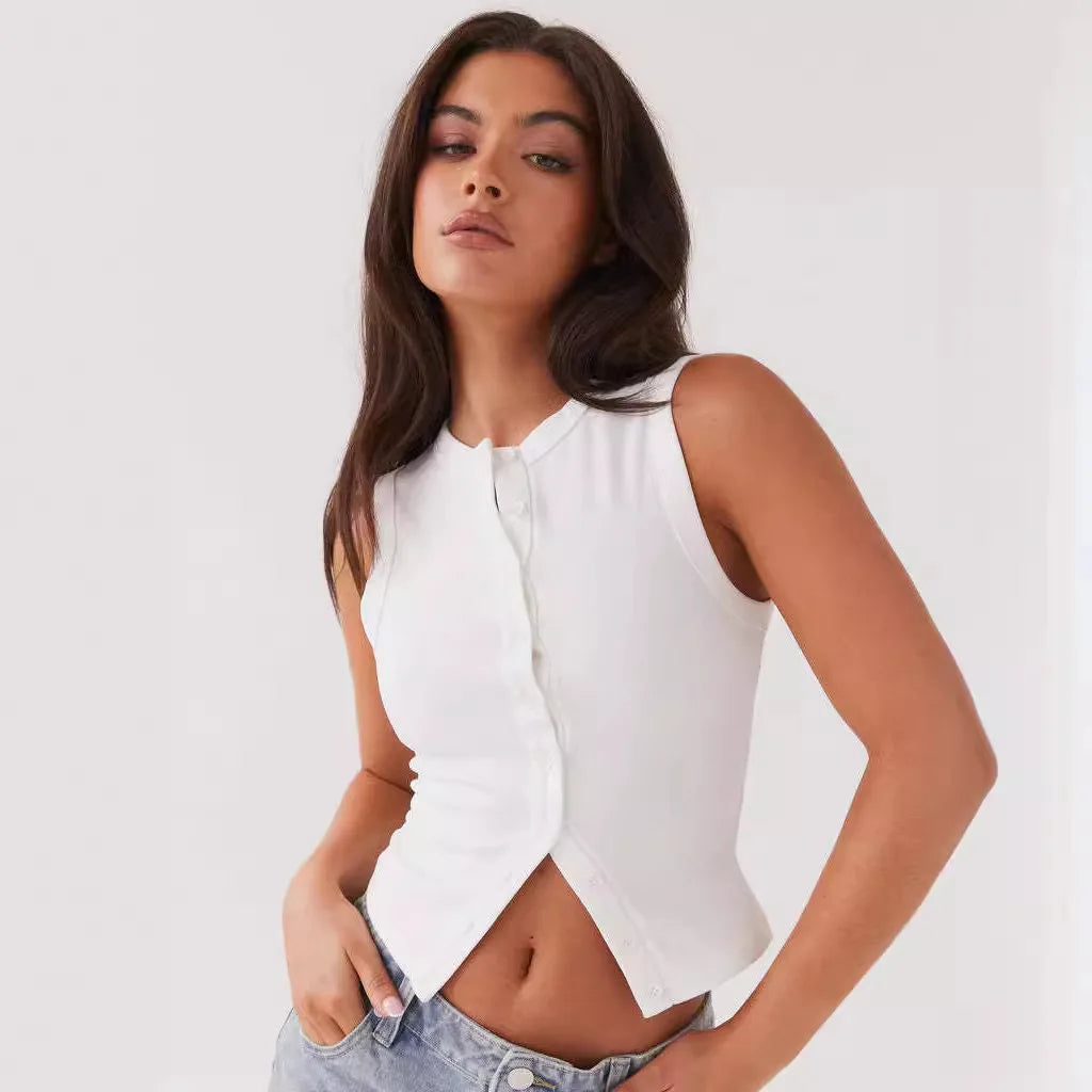 Plain Button Ribbed Crop Tank