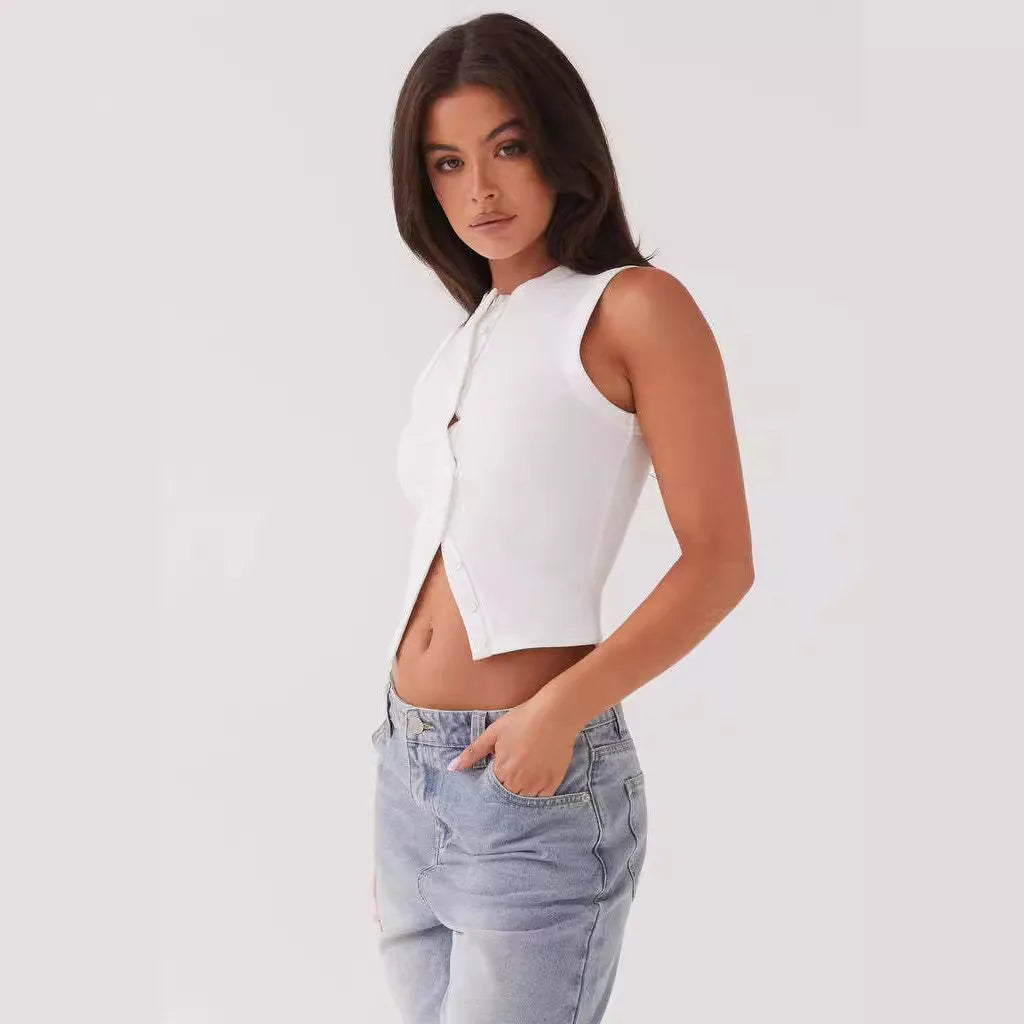 Plain Button Ribbed Crop Tank