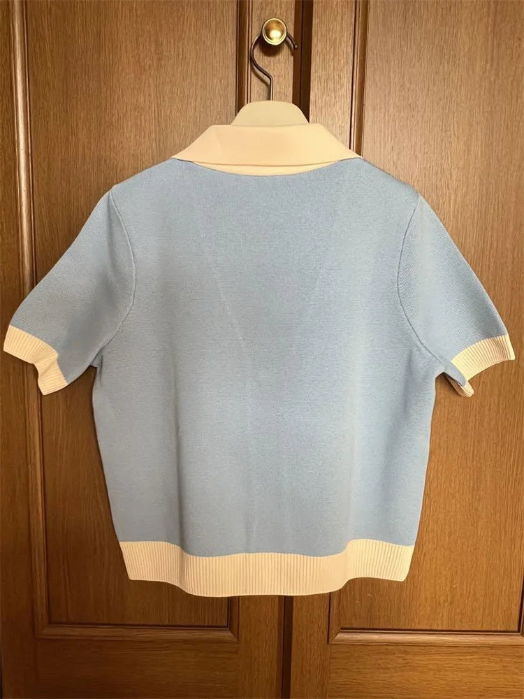 Tossy Knit Sweater Cardigan Coat Female Pocket V-Neck Contrast Short Sleeve Patchwork Elegant Vest Women's Knitwear Cardigan Top