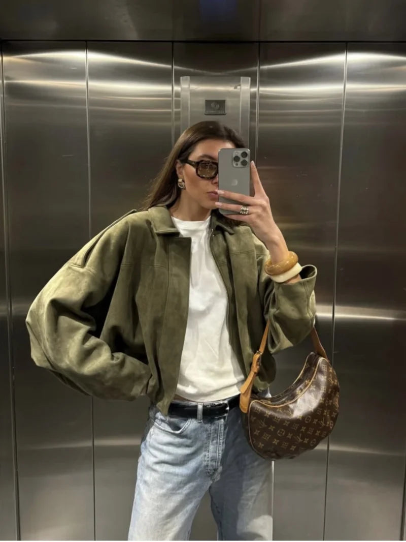 Suede-Texture Bomber Jacket