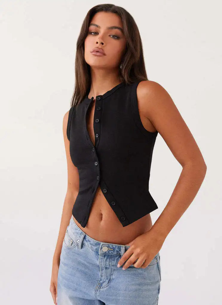 Plain Button Ribbed Crop Tank