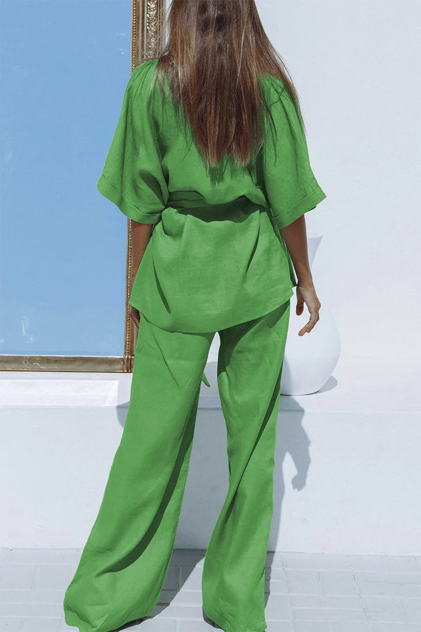 Oversized Linen Tied Two Piece Pants Set