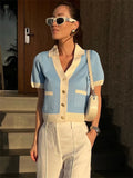 Tossy Knit Sweater Cardigan Coat Female Pocket V-Neck Contrast Short Sleeve Patchwork Elegant Vest Women's Knitwear Cardigan Top