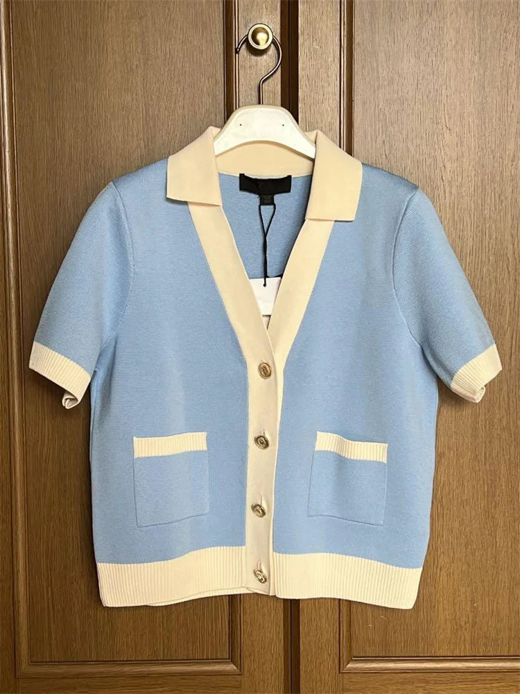 Tossy Knit Sweater Cardigan Coat Female Pocket V-Neck Contrast Short Sleeve Patchwork Elegant Vest Women's Knitwear Cardigan Top