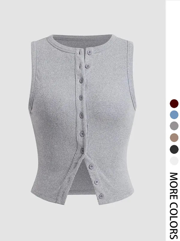Plain Button Ribbed Crop Tank