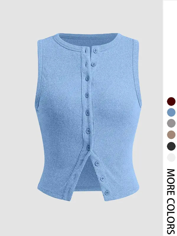Plain Button Ribbed Crop Tank