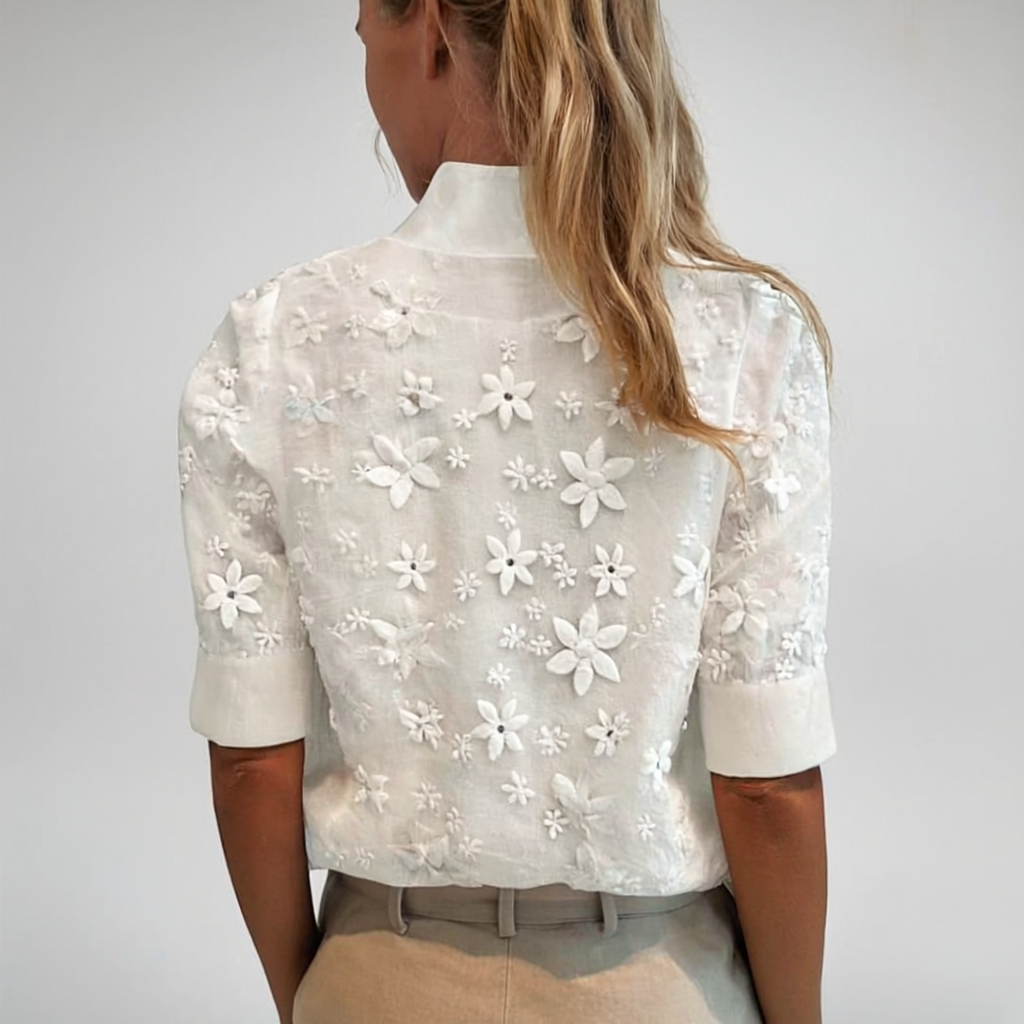Elodie – Embroidered Blouse with Stand-Up Collar