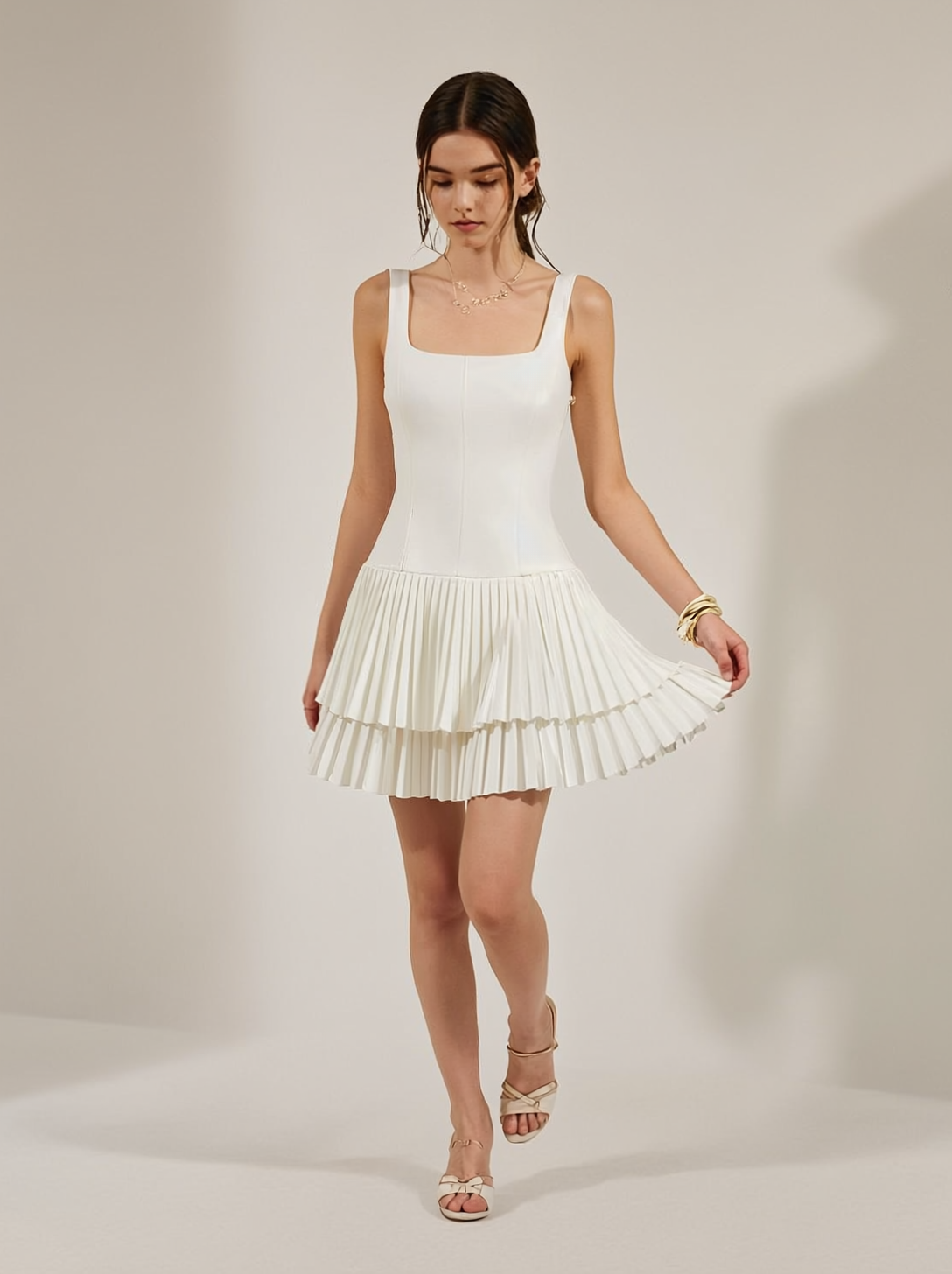 Square Neck Pleated Dress